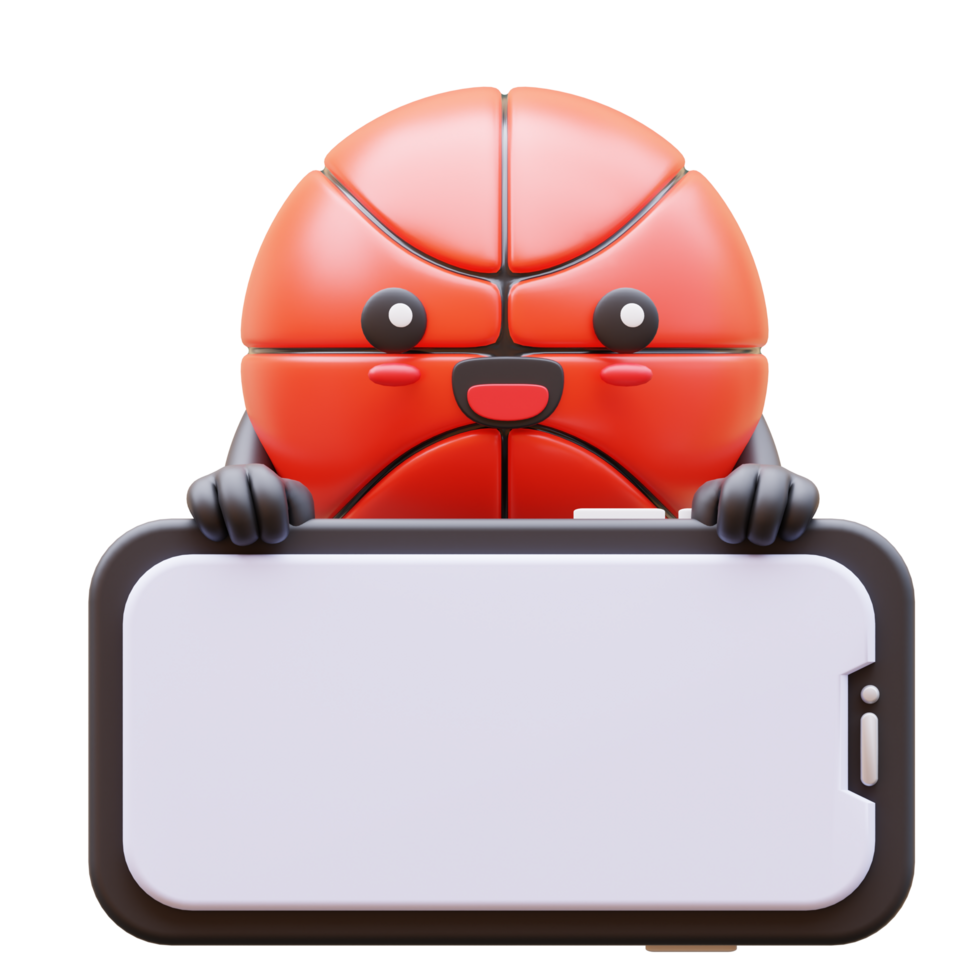 3D Basketball Character Holding Blank Smartphone Screen Smiling Suitable For Social Media Content And Marketing Campaigns png