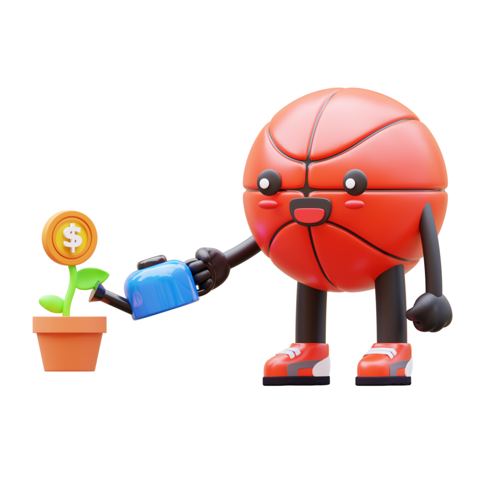 3D Basketball Character Watering Plant With Dollar Coin Growth Investment Concept Suitable For Financial Education And Business Presentations png