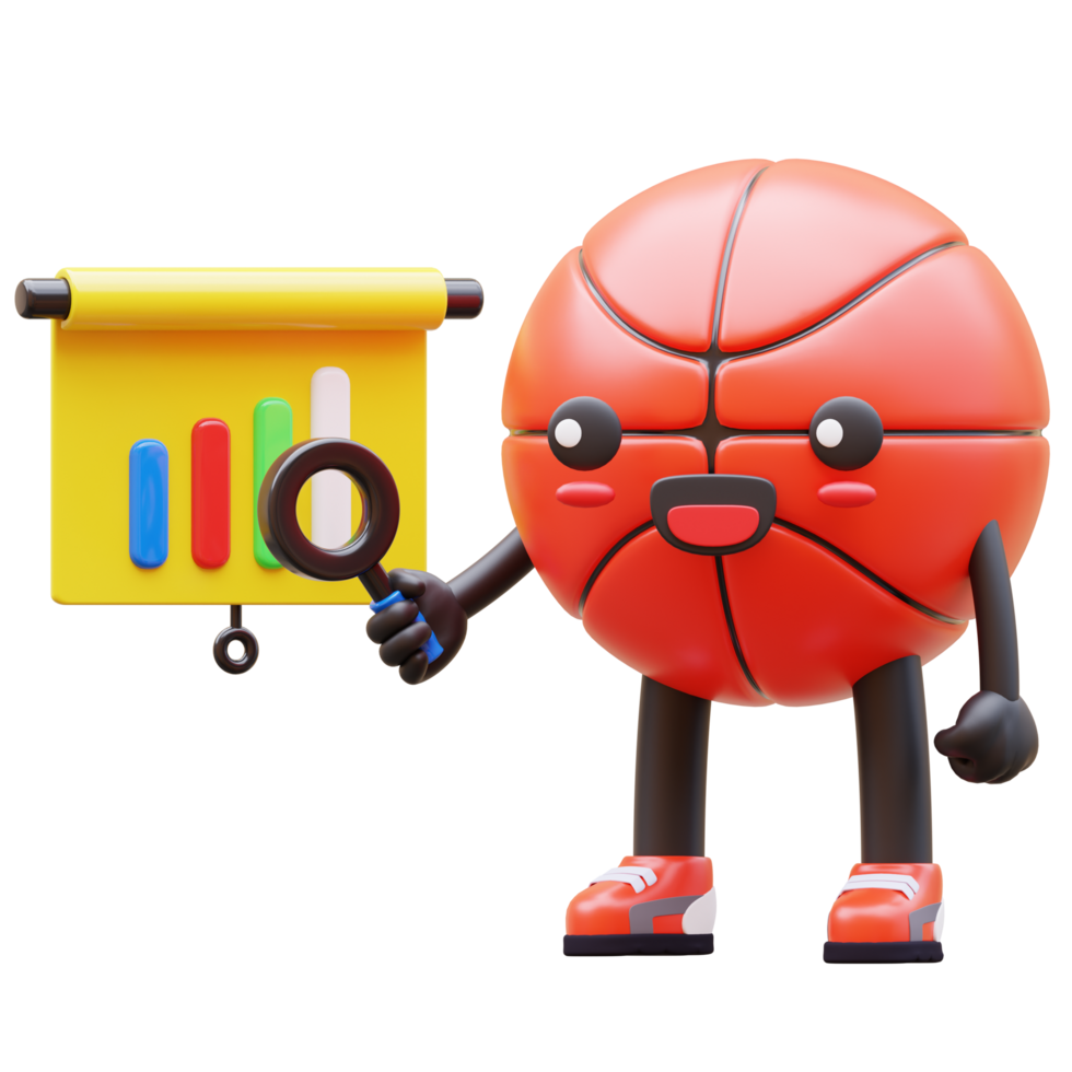 3D Basketball Character Holding Magnifying Glass Pointing At Bar Chart Suitable For Business And Analysis Concepts png