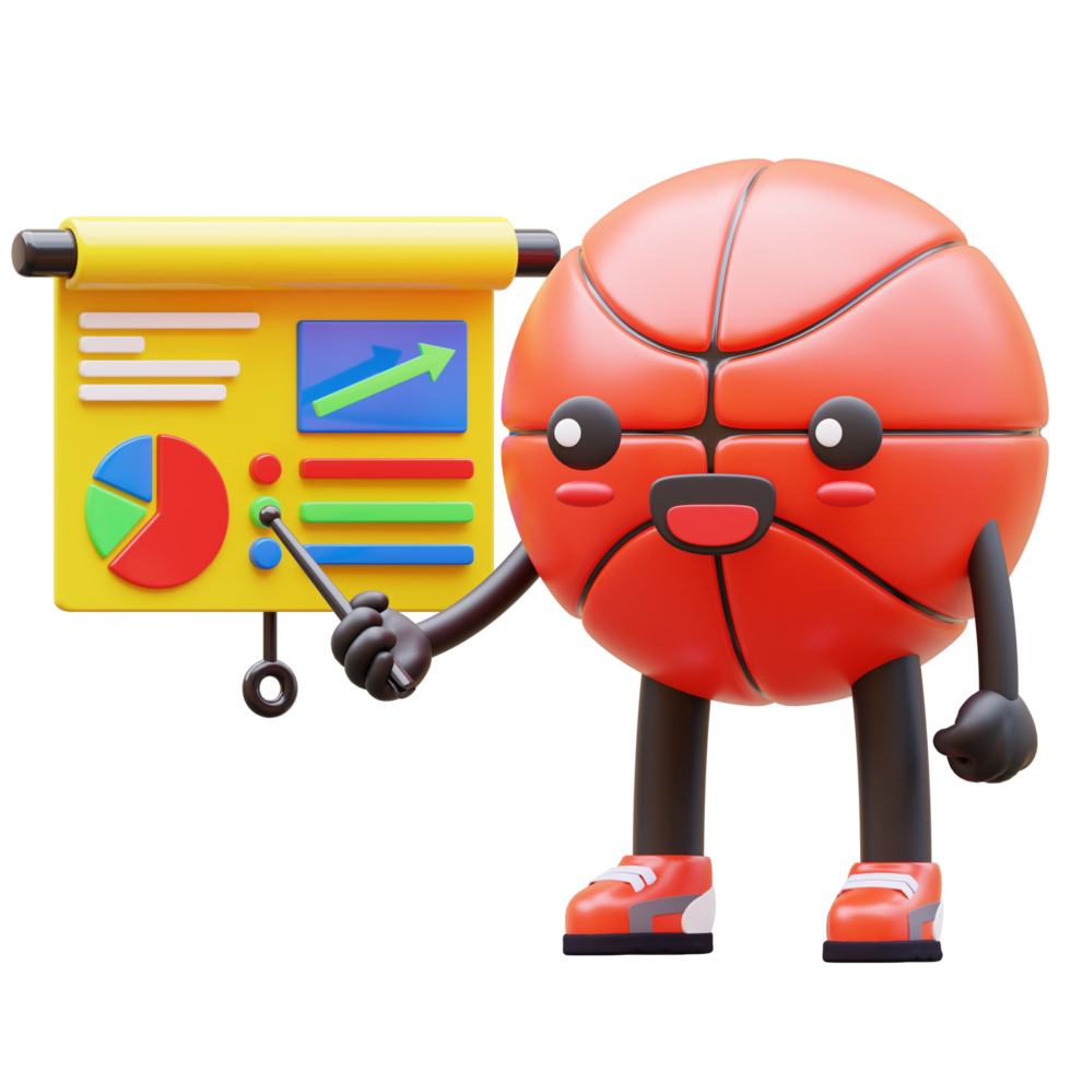 3D Basketball Character Doing Presentation On Growth Chart Suitable For Business And Education Concepts png