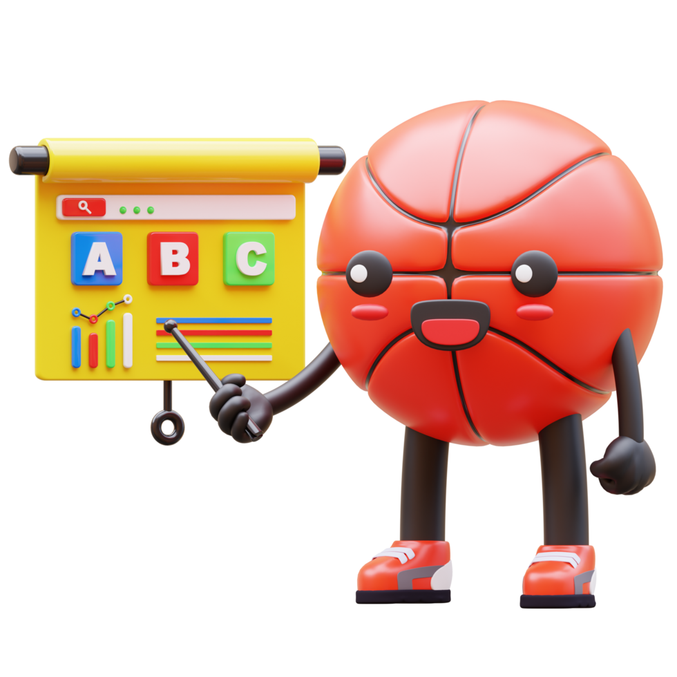 3D Basketball Character Pointing At Line Graph Showing Growth Suitable For Business And Data Analysis Concepts png