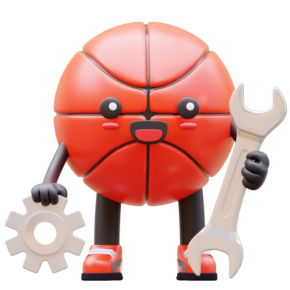 3D Basketball Character Holding Wrench And Gear For Maintenance And Technical Support Suitable For Business And Technical Concepts png