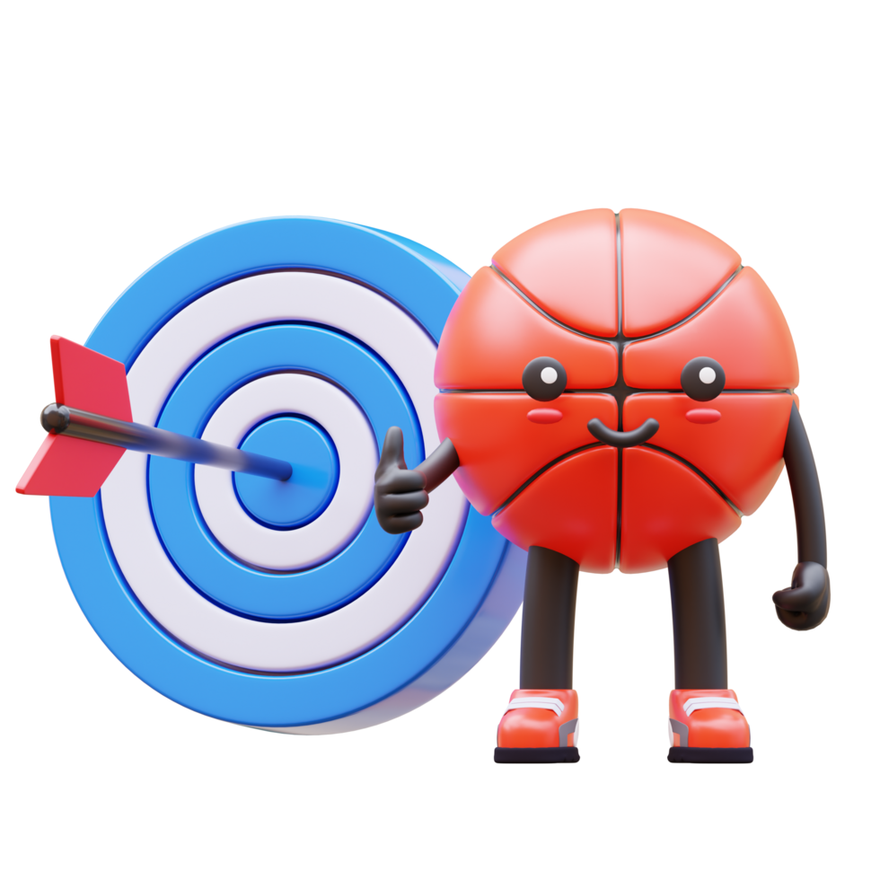 3D Basketball Character Pointing At Bullseye Target For Goals And Achievements Suitable For Business Motivation And Success Presentations png