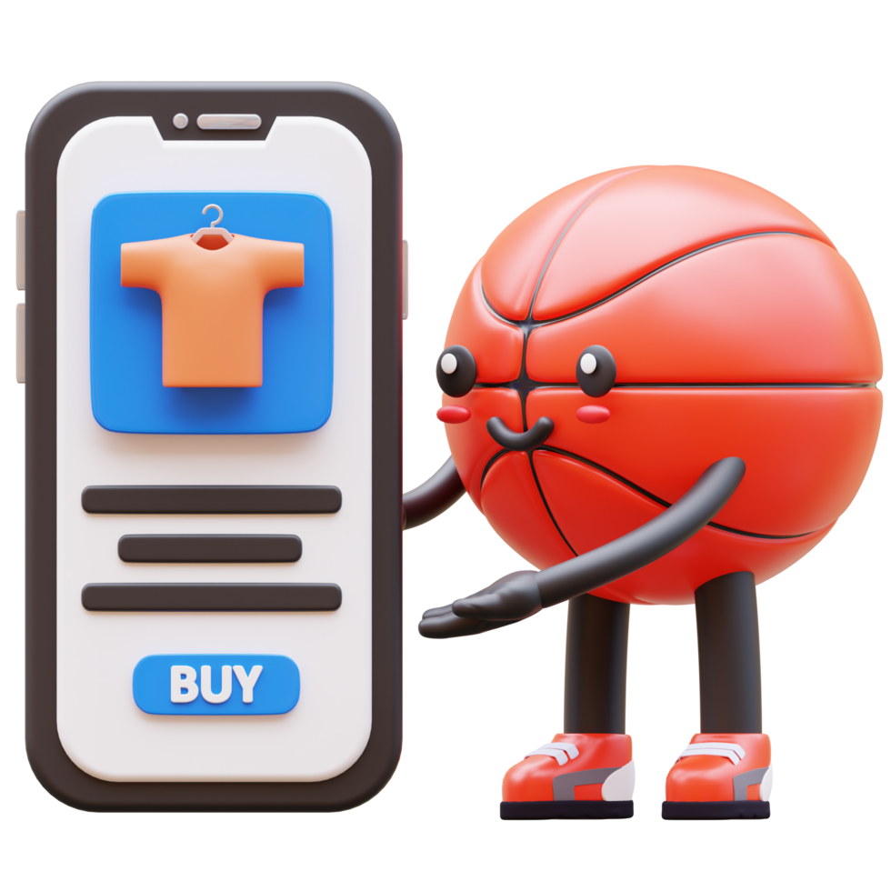 3D Basketball Character Showing Mobile Shopping App Suitable For E Commerce And Online Shopping Concepts png