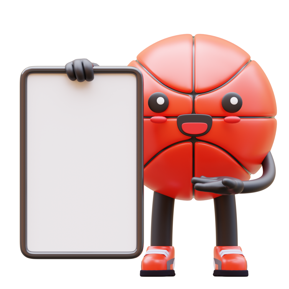 3D Basketball Character Holding Blank Advertisement Board With Happy Face Suitable For Marketing And Branding Campaigns png