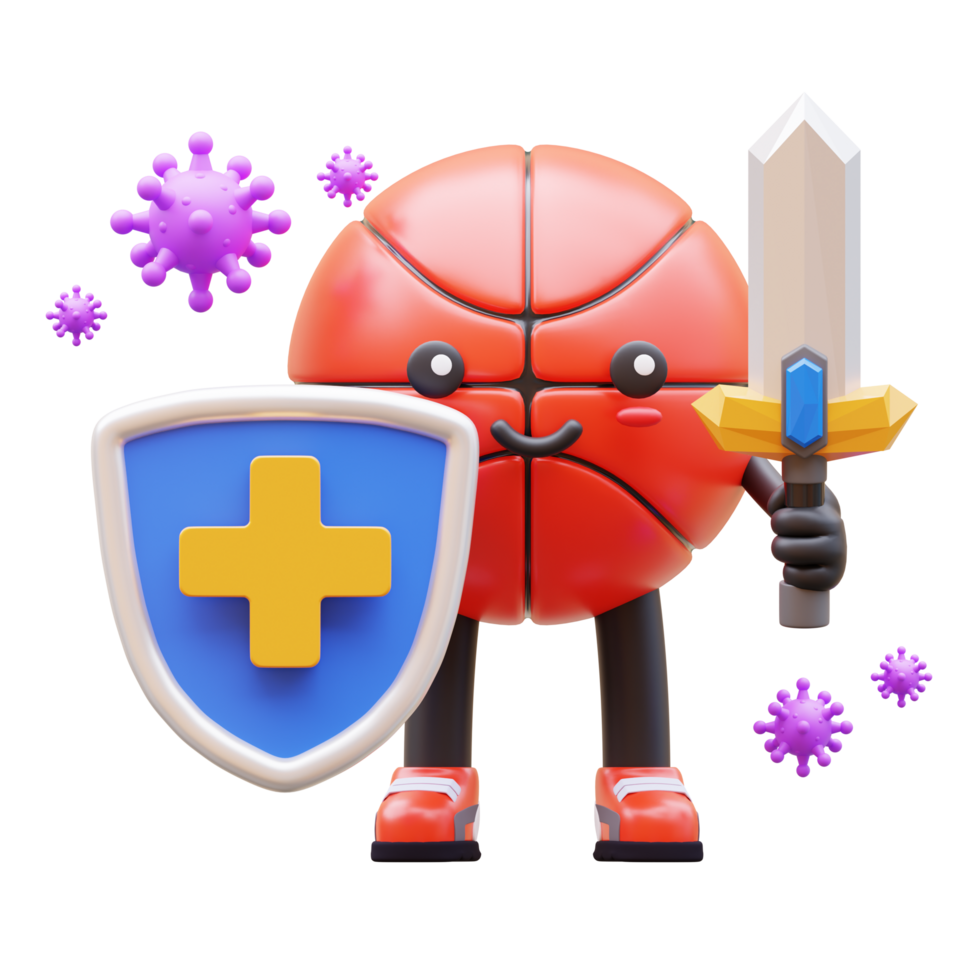 3D Basketball Character With Sword And Shield Fighting Virus Suitable For Health Campaigns And Educational Content png