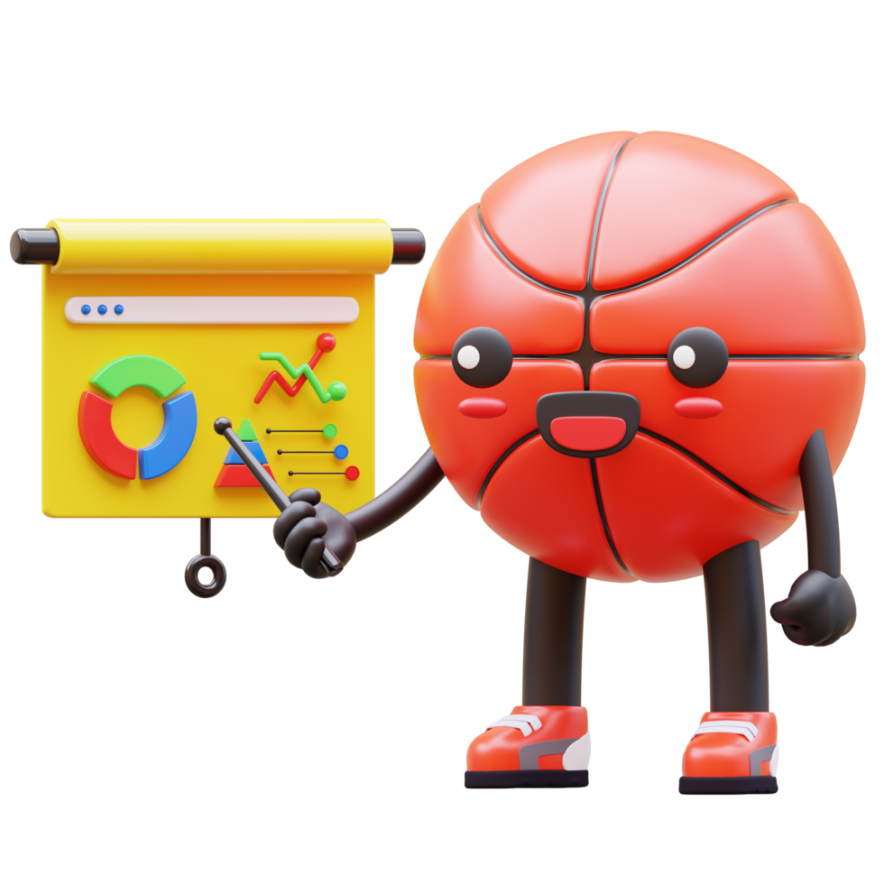 3D Basketball Character Doing Presentation With Pointer And Board Suitable For Business And Educational Uses png