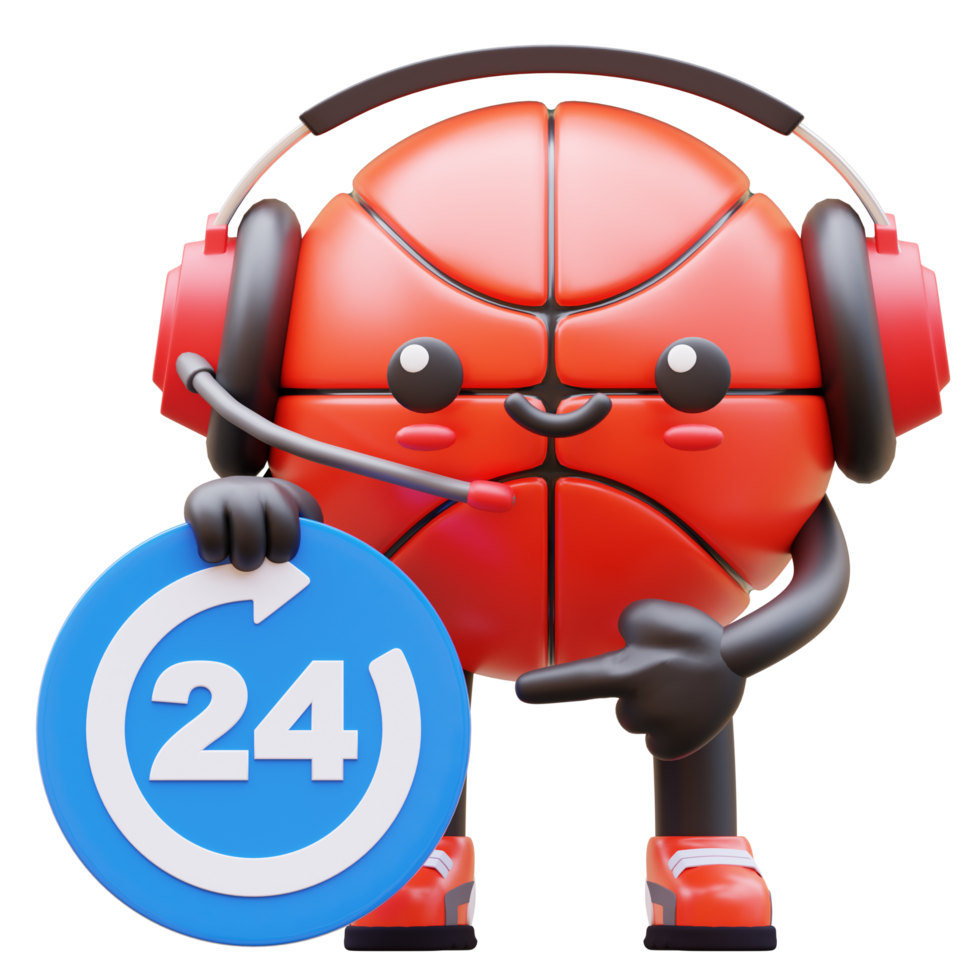 3D Basketball Character With Headset Holding 24 Hours Sign Suitable For Customer Support And Service Concepts png