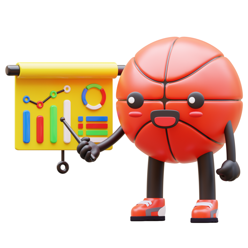 3D Basketball Character Doing Presentation With Bar Chart Showing Growth Suitable For Business And Finance Concepts png