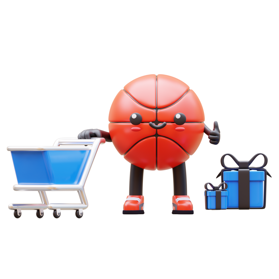 3D Basketball Character With Shopping Cart And Gift Boxes Suitable For Online Shopping And Retail Concepts png