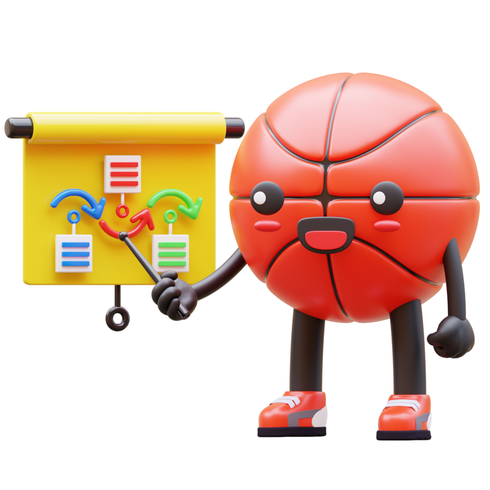 3D Basketball Character Explaining Flow Chart Suitable For Process And Workflow Concepts png