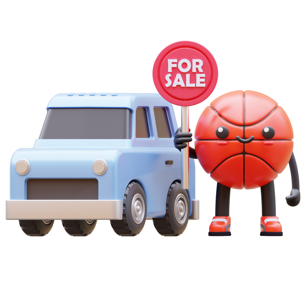 3D Basketball Character Holding For Sale Sign With Car Suitable For Automotive And Sales Concepts png