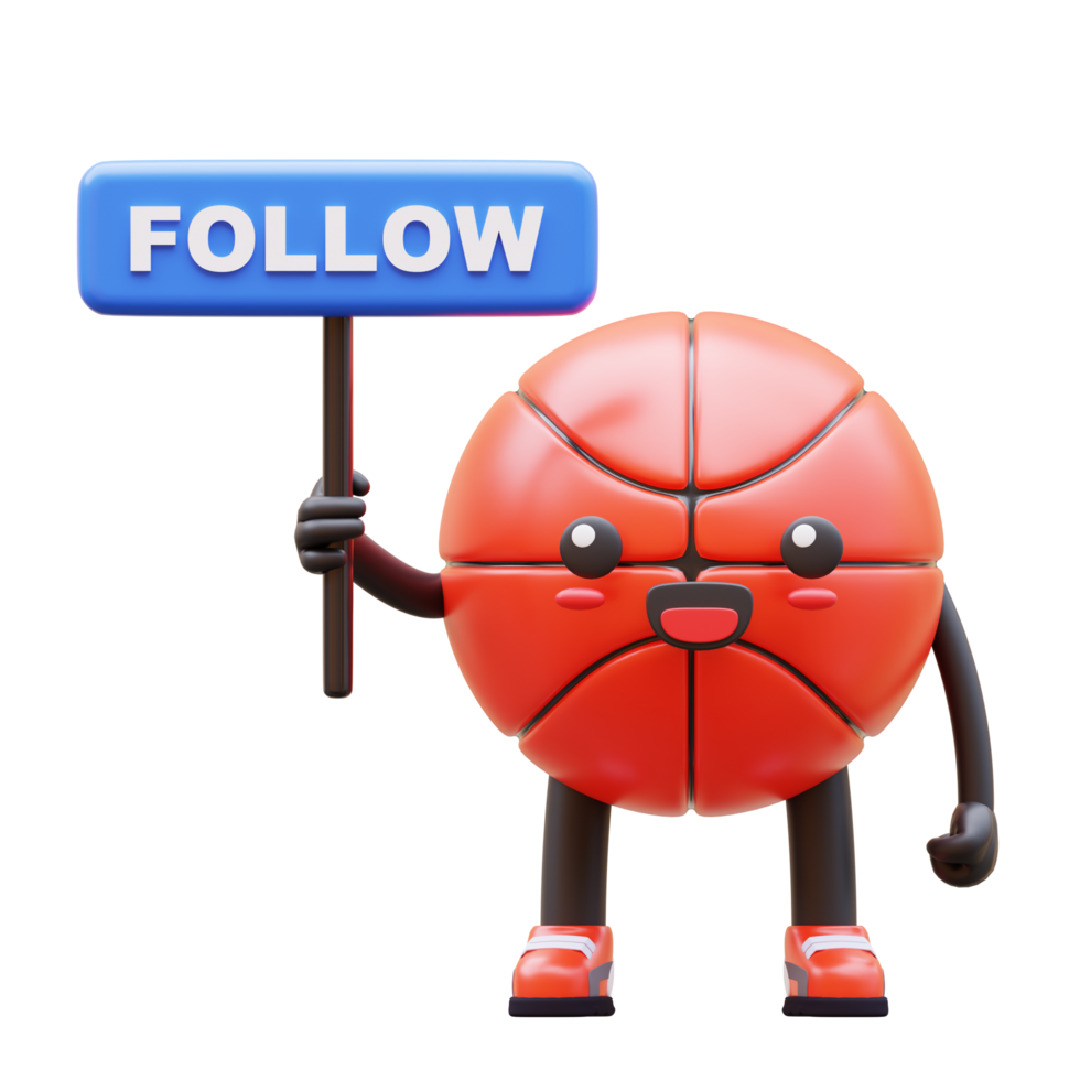 3D Basketball Character Holding Follow Sign Board Suitable For Social Media Marketing And Audience Engagement png