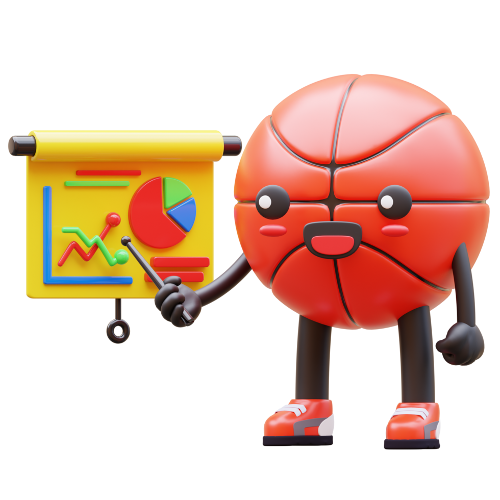 3D Basketball Character Pointing At Mixed Charts Suitable For Data Visualization And Analysis Concepts png