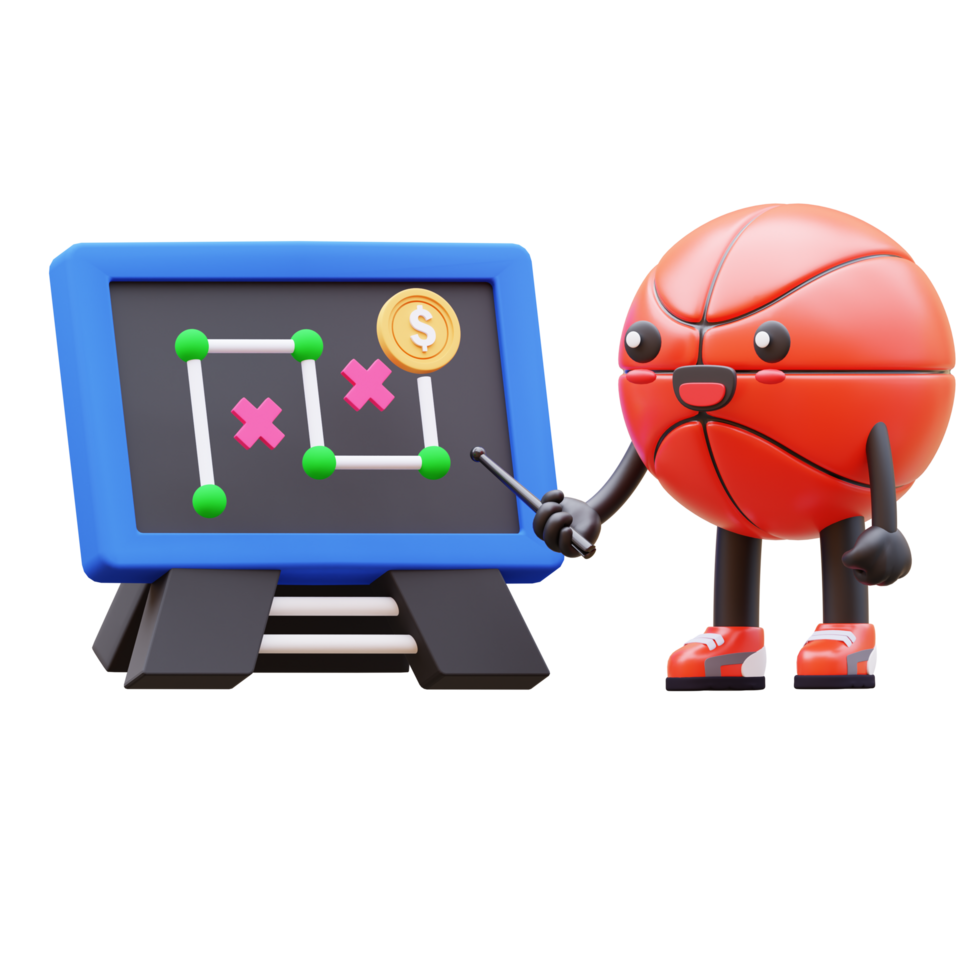 3D Basketball Character Explaining Business Strategy On Chalkboard Suitable For Business Presentation And Educational Content png