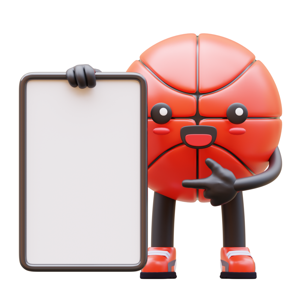 3D Basketball Character Holding Blank Advertisement Board Smiling Suitable For Marketing And Branding Purposes png