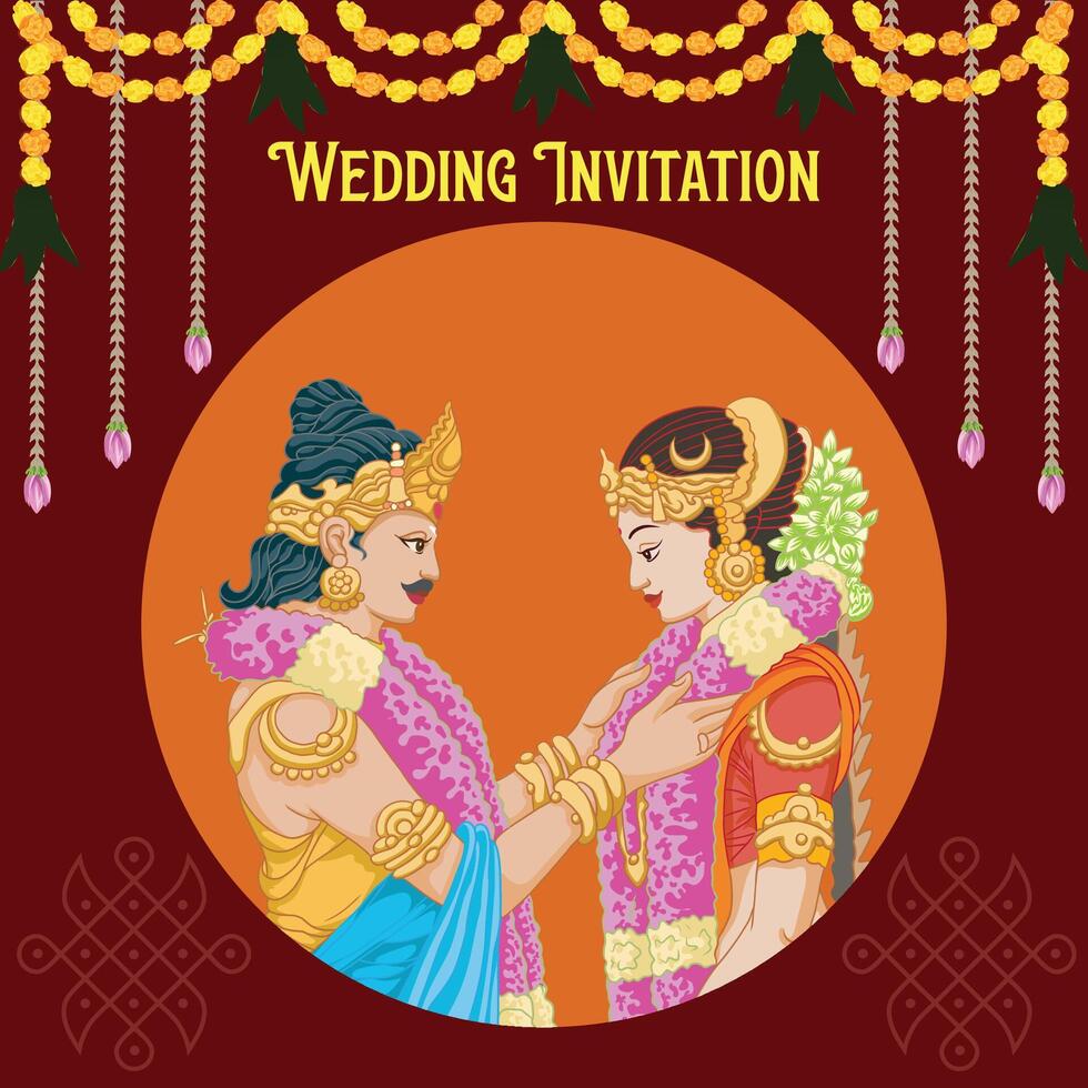 Indian Tamil wedding invitation bride and groom wearing Garland vector