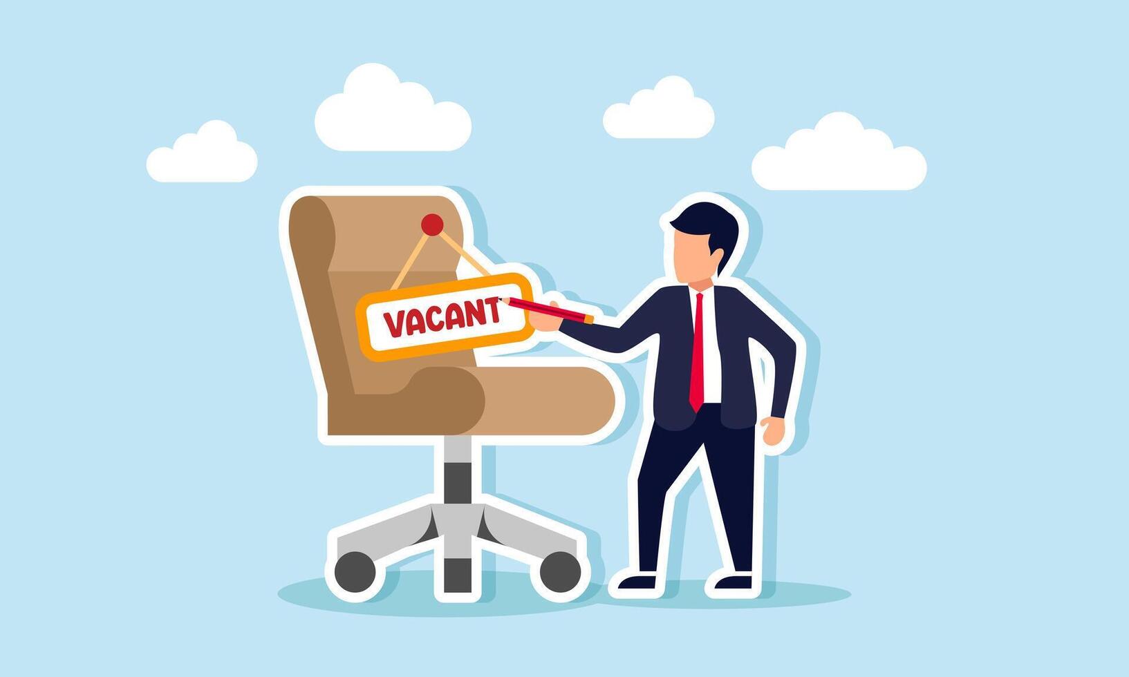 A businessman holding a pencil writing the word vacant on a sign attached to an office chair, an illustration of an open job opportunity or announcing a vacancy for a strategic position vector