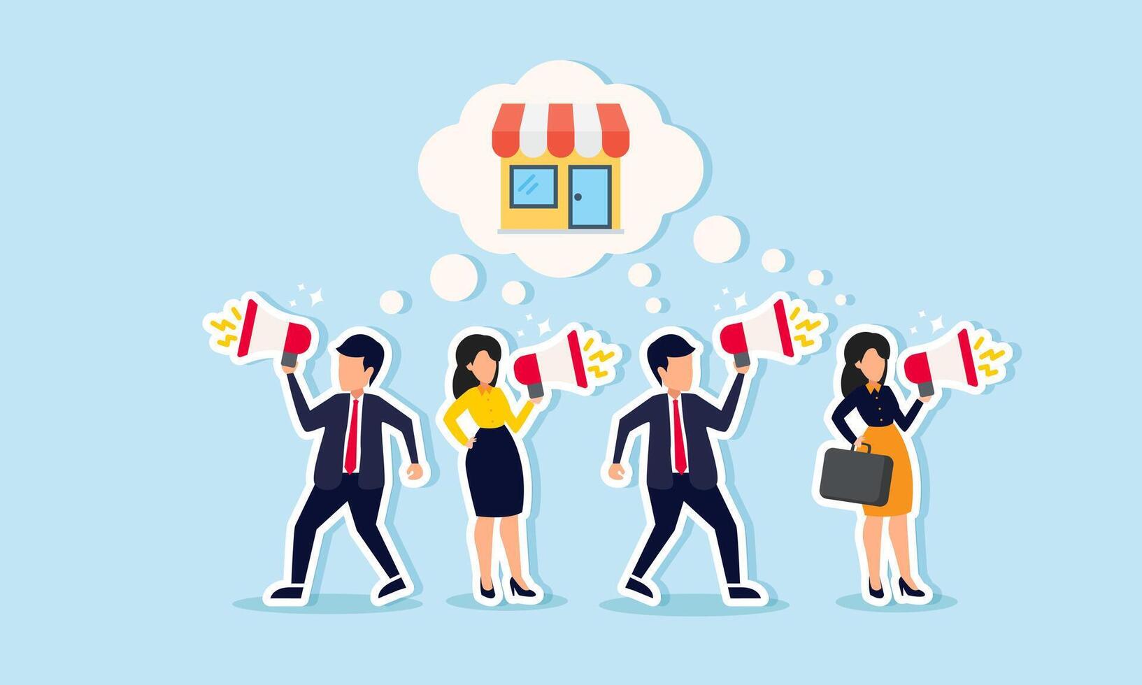 A group of employees promoting a store with a megaphone, illustrating the promotion of a business or company to customers. vector
