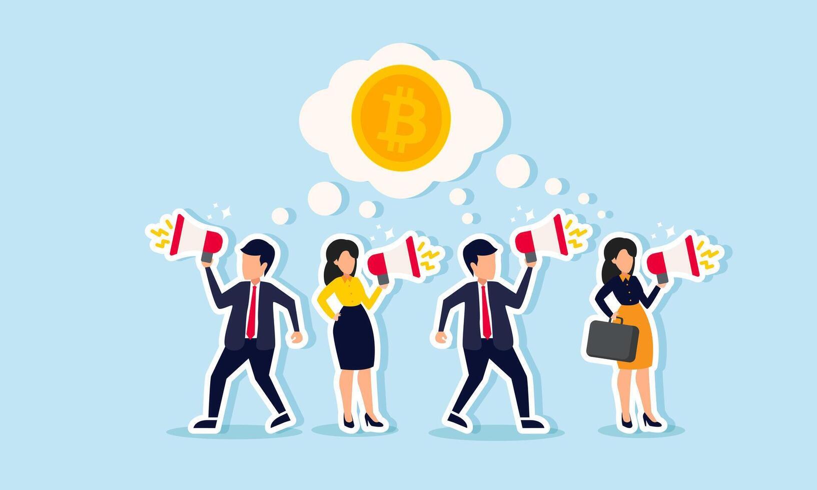 A group of employees promoting Bitcoin with a megaphone, illustrating the promotion or education of the public about investing in Bitcoin. vector