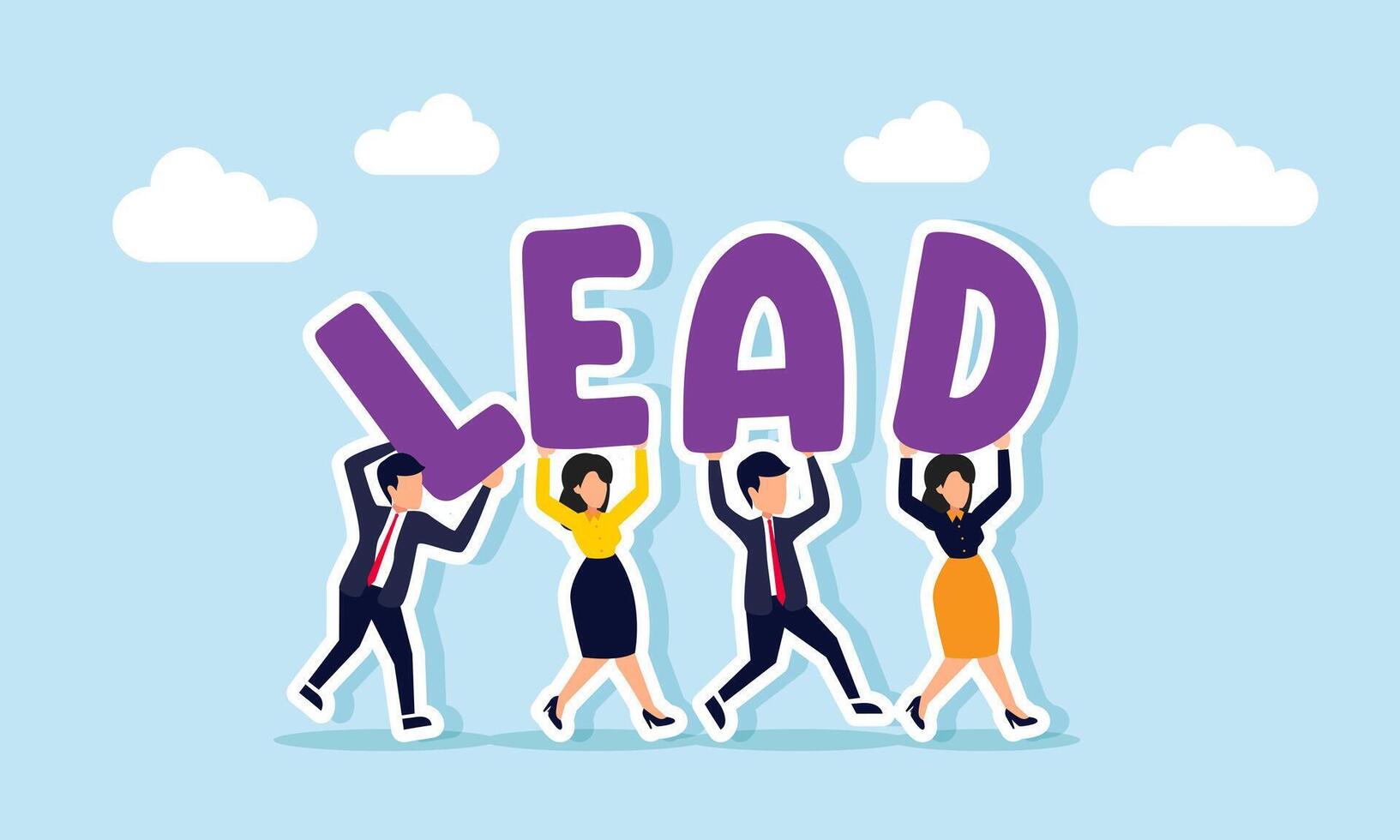 A group of businesspeople marching as if in a protest carrying letters spelling LEAD, an illustration of demanding a company leader who understands employees' concerns. vector
