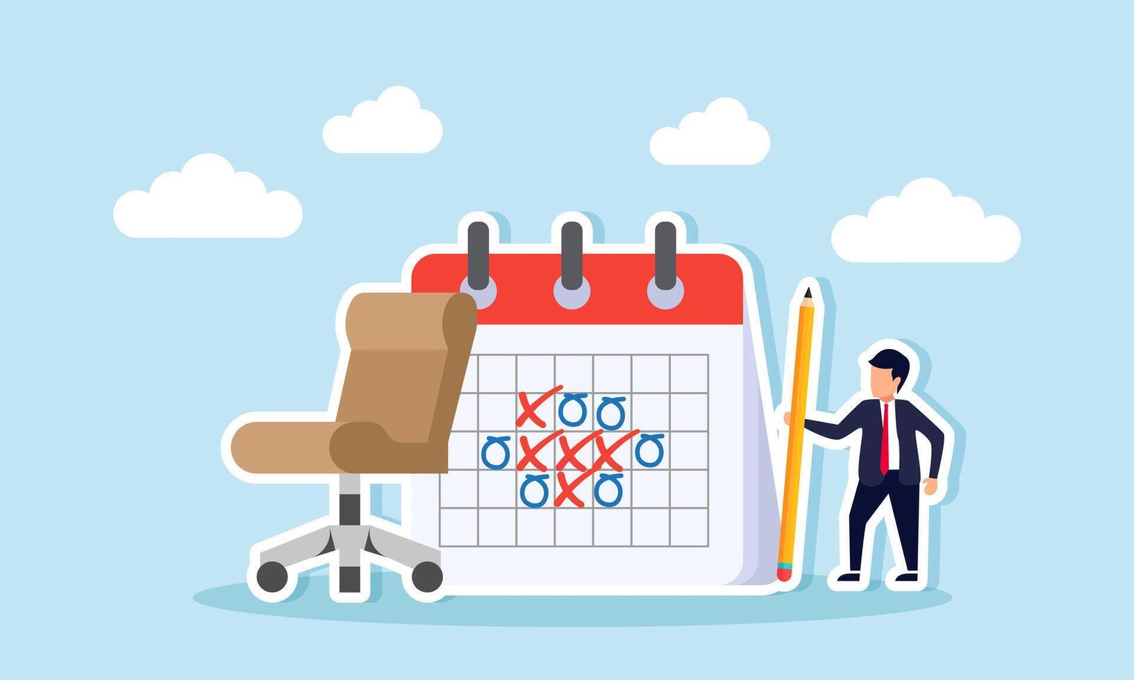 A businessman holding a pencil standing next to a calendar schedule and a work chair, an illustration of scheduling in a job to ensure no agenda is missed. vector