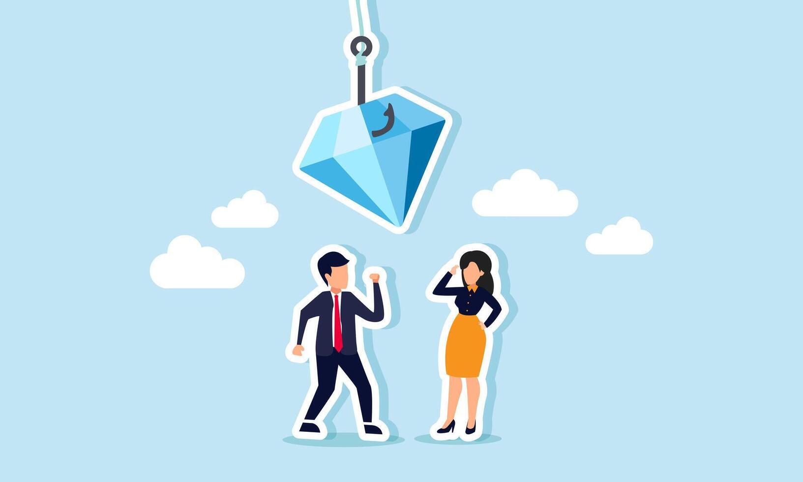 A businessman and businesswoman talking with a hook catching a diamond, an illustration of discussing how to obtain natural resources for a business project. vector