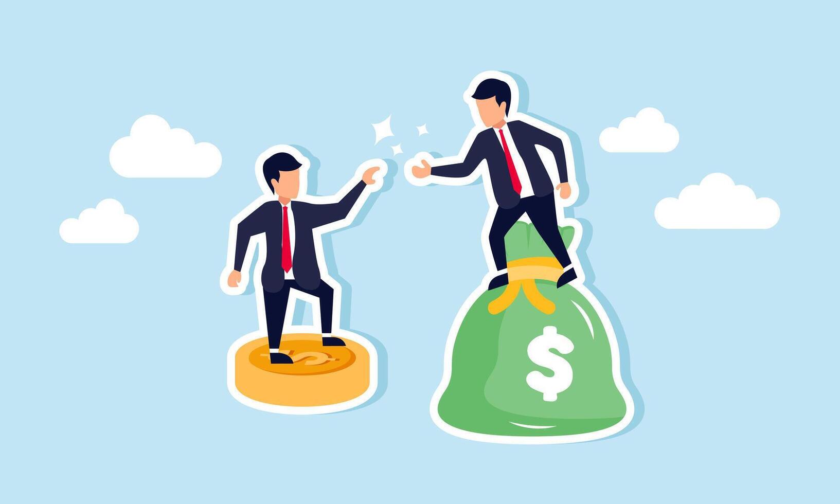 A businessman riding a coin asks for help from another businessman riding a money bag, illustrating receiving financial injection or investor support for an appealing business model vector