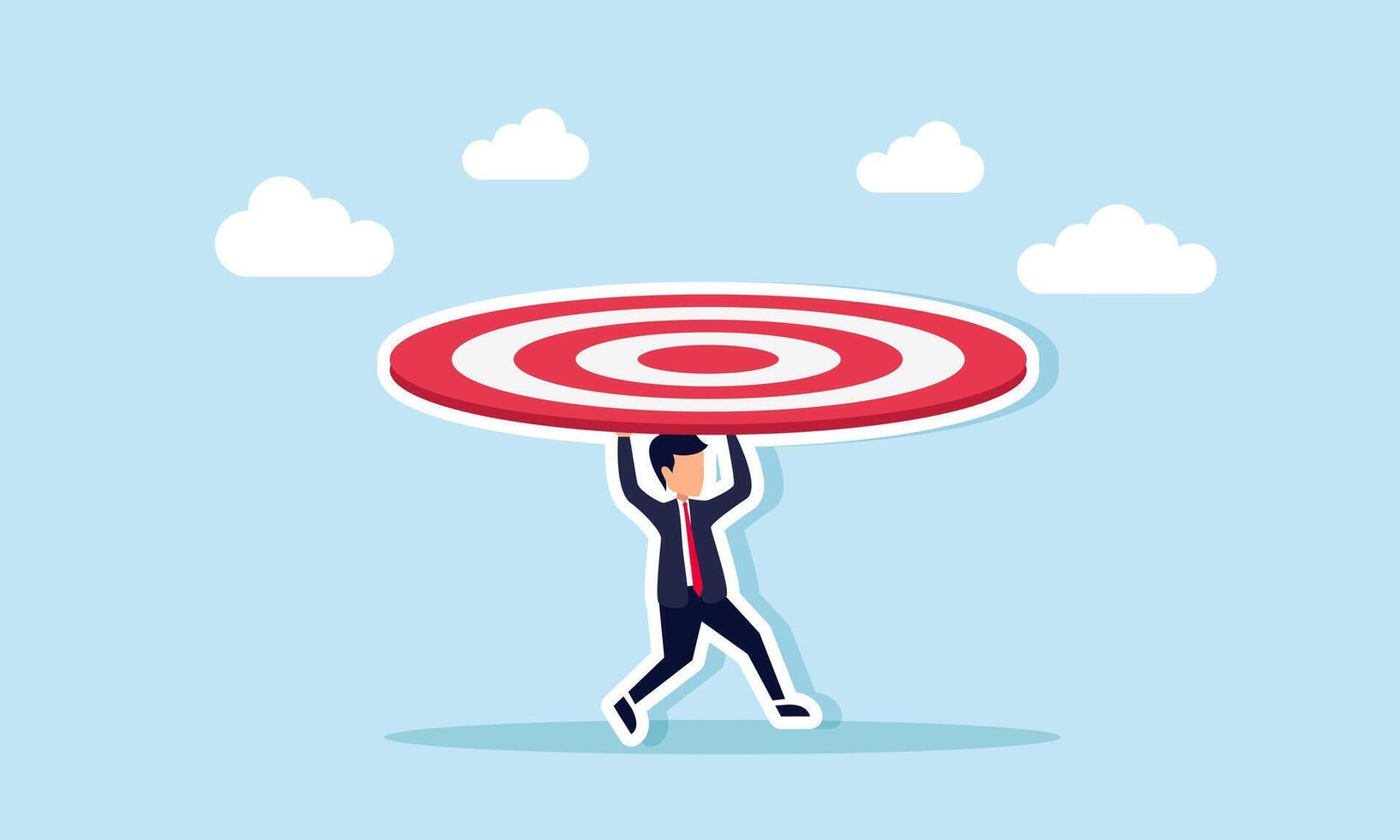 A businessman running while carrying a large target board, an illustration of a businessman's immense ambition or ego in pursuing greater goals. vector