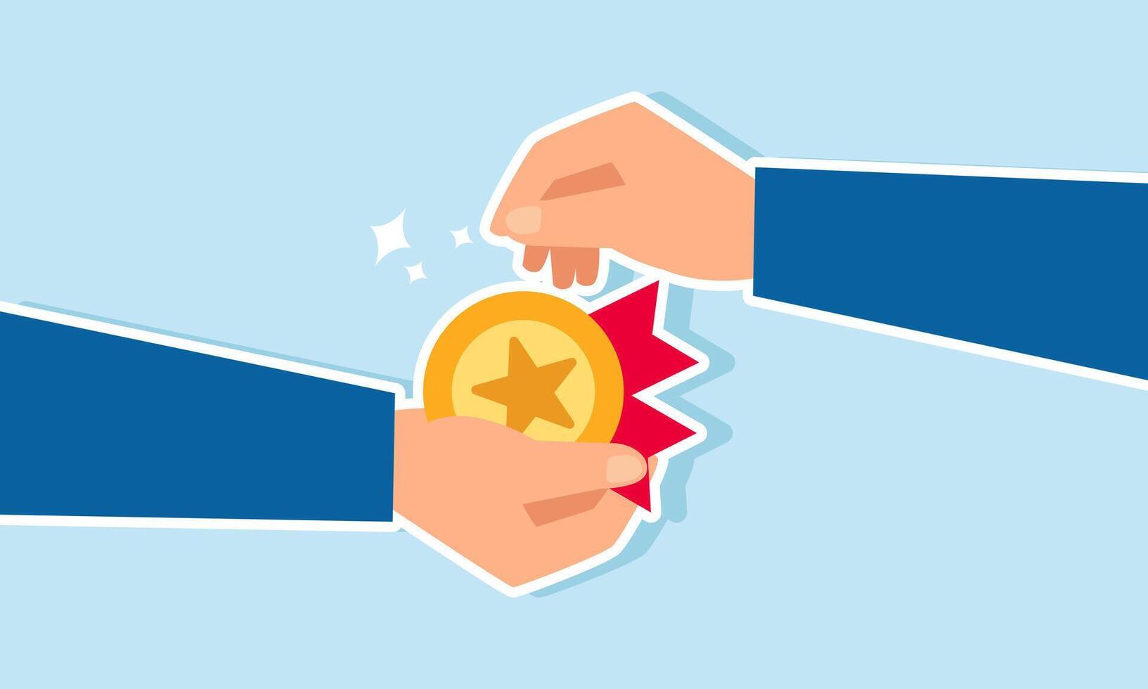 A businessman hand giving an award medal to another hand, illustrating giving recognition for an employee achievement vector