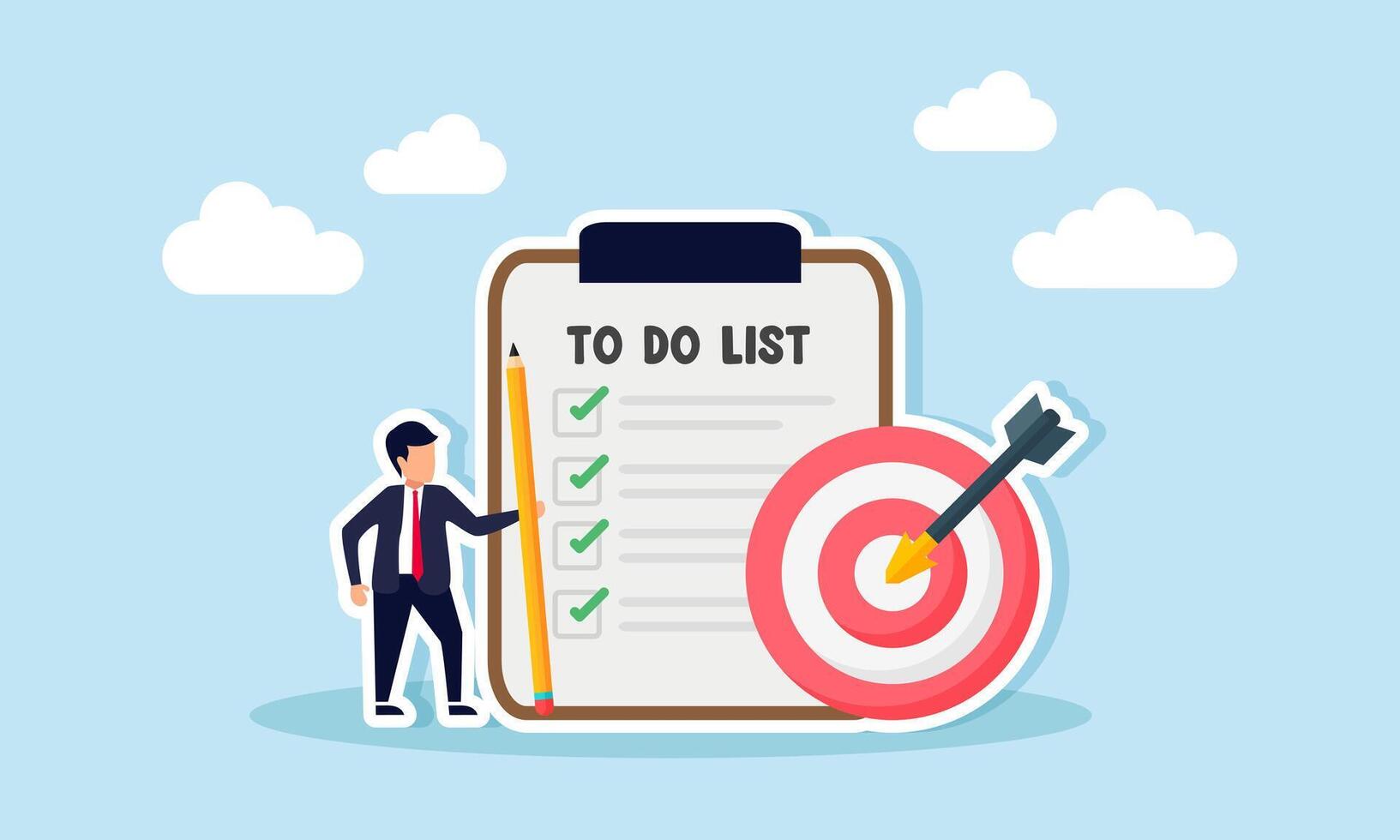 A businessman holding a pencil stands next to a work list and a target board, illustrating step-by-step planning for setting business targets to advance the company. vector