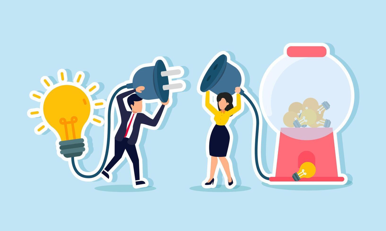 A businessman holding a light plug tries to connect it to a socket, illustrating teamwork or a sharing session with partners to generate ideas or innovations. vector