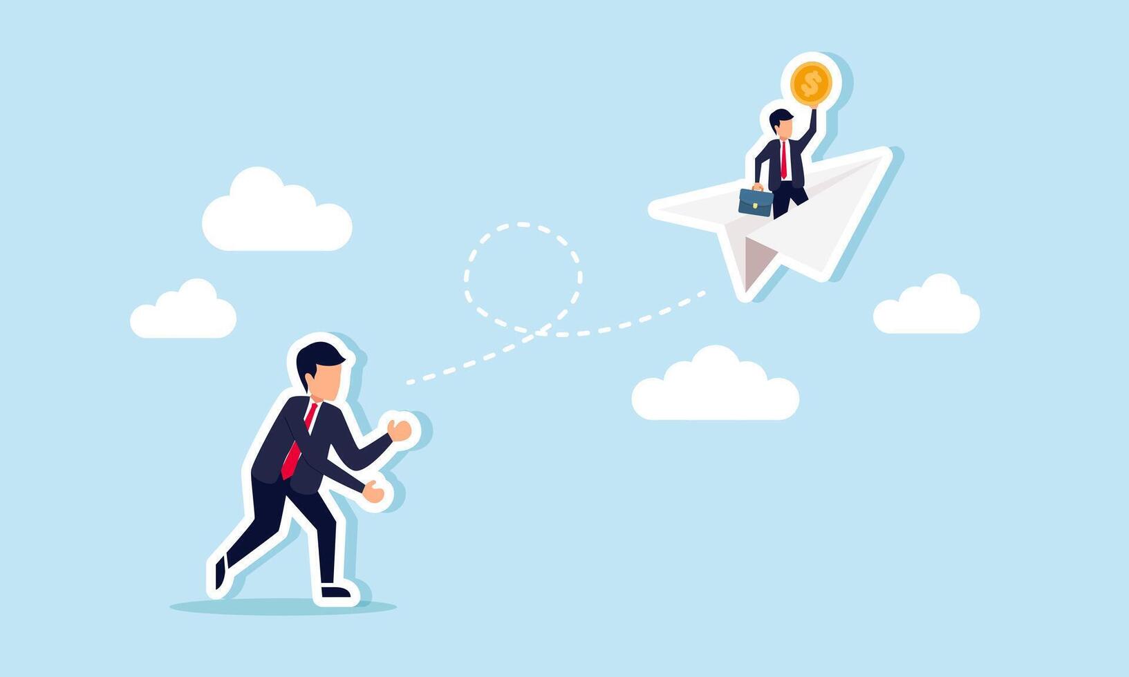 A businessman throws a paper airplane carrying another businessperson with a coin into the sky, illustrating promotion or support from teammates to achieve profit or sales. vector