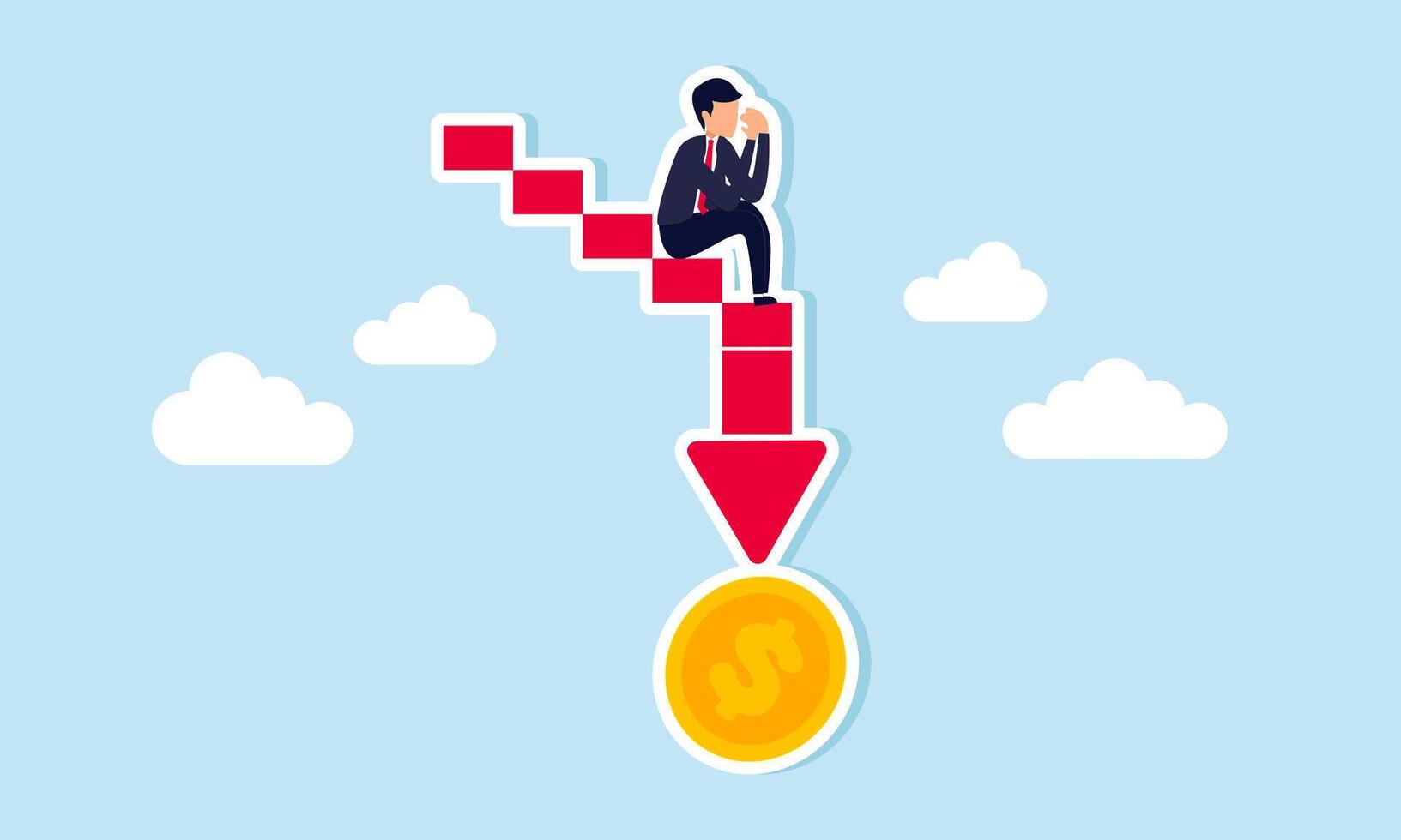 A sad and disappointed businessman sitting on a downward red graph leading to a dollar coin, illustrating how business losses affect dollar valuation negatively. vector