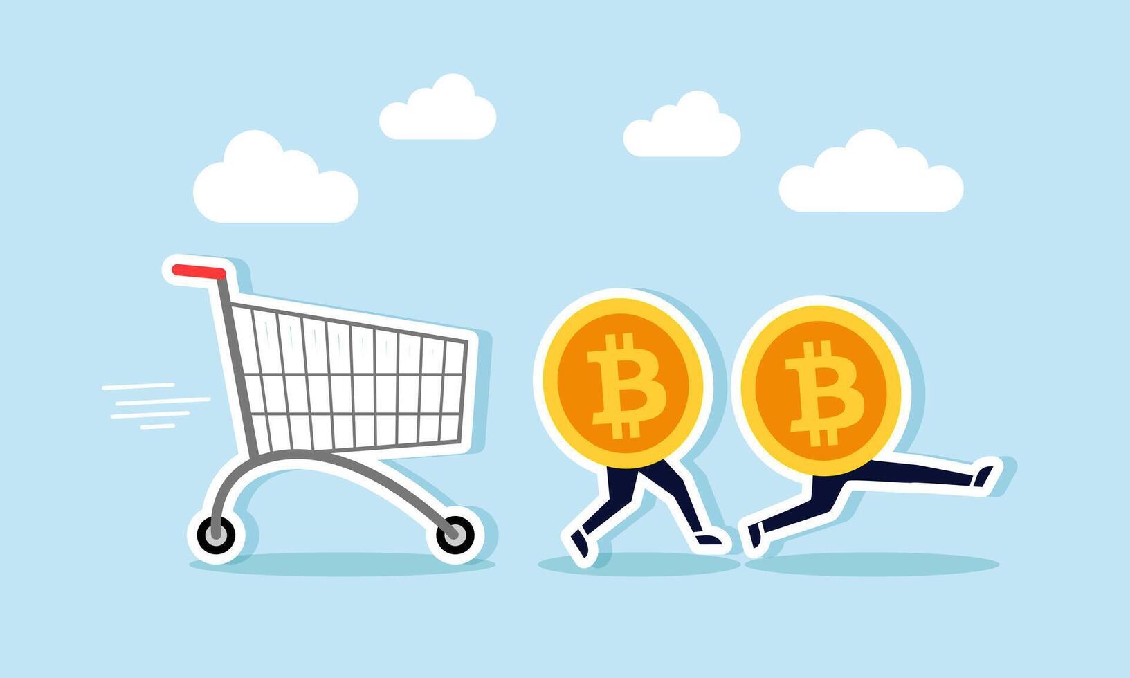 A shopping cart chasing a group of running bitcoins, an illustration of the high demand for collecting bitcoins. vector