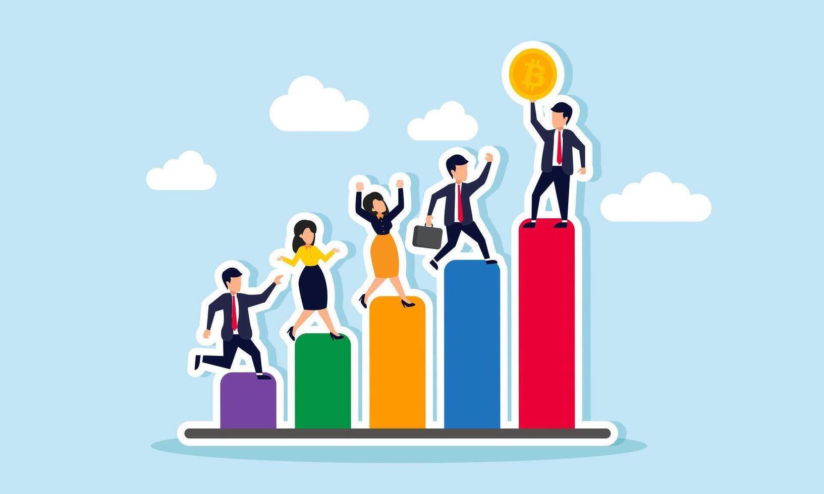 A group of businesspeople stands on different sections of a chart, with the highest one holding a bitcoin, an illustration of competition among individuals to acquire more bitcoin assets. vector