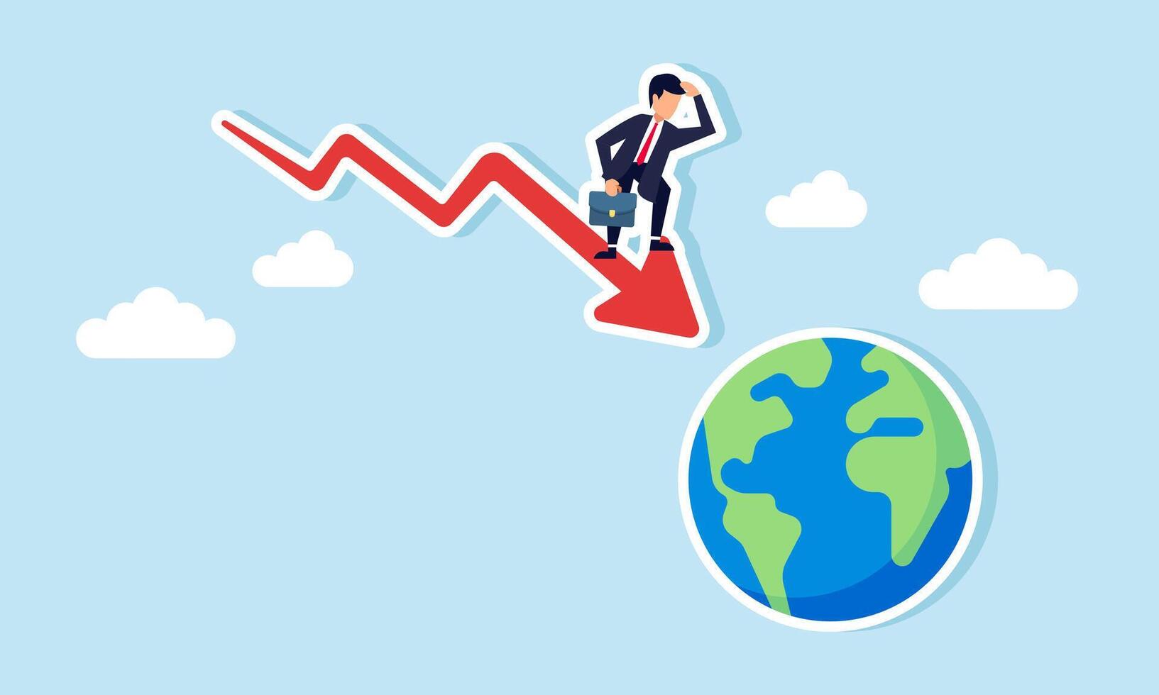 A businessman riding a red downward arrow toward Earth, an illustration of a businessman's vision seeing limited natural resources as no longer attractive for business project exploitation. vector