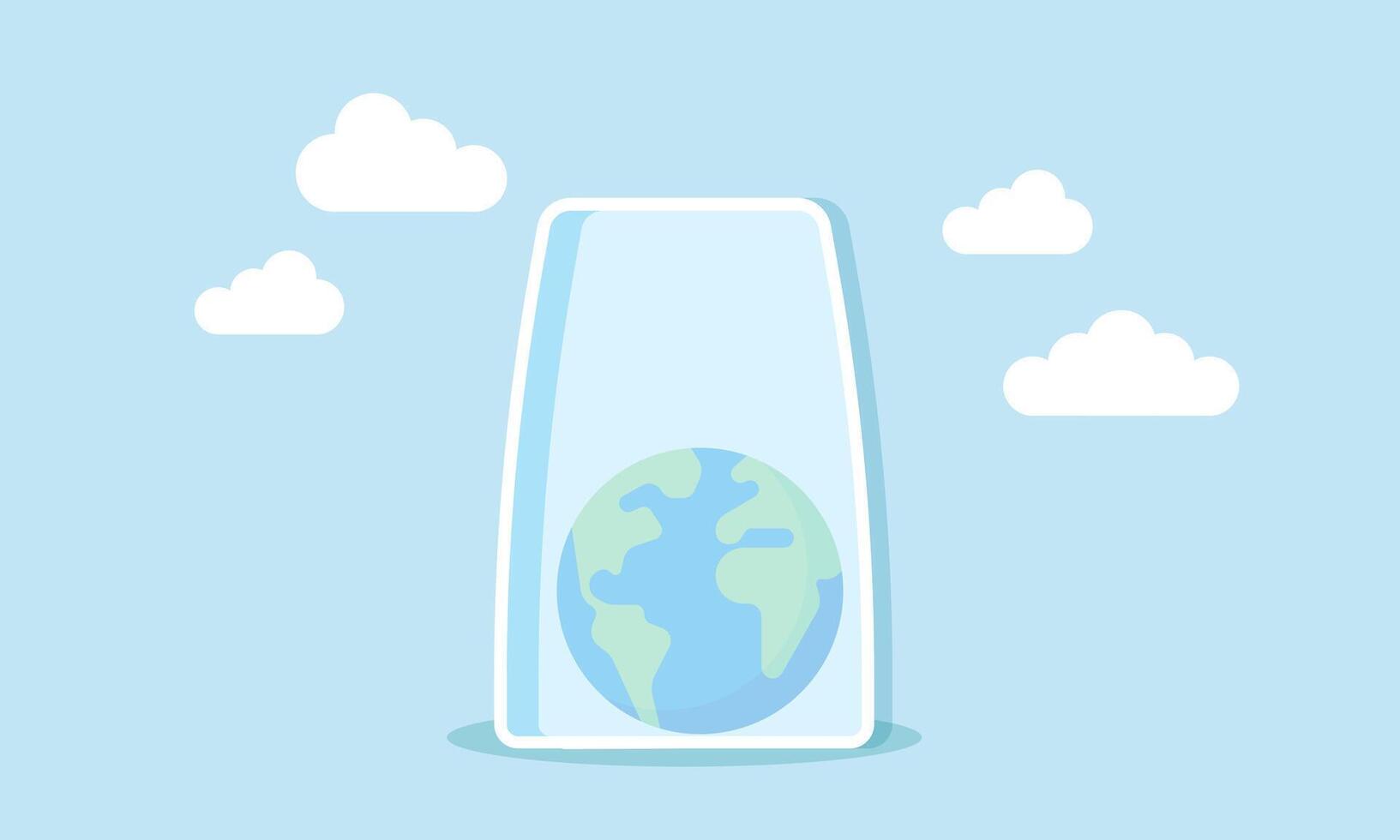 A globe trapped inside a glass, an illustration of the greenhouse effect or the business world being constrained, limiting its movement and growth. vector