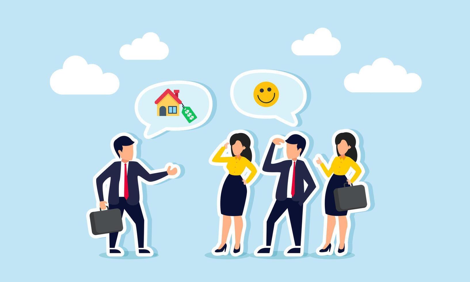 A businessman explains property prices to employees, who understand it as a positive concept with a smiling emoticon, illustrating training on real estate valuation. vector