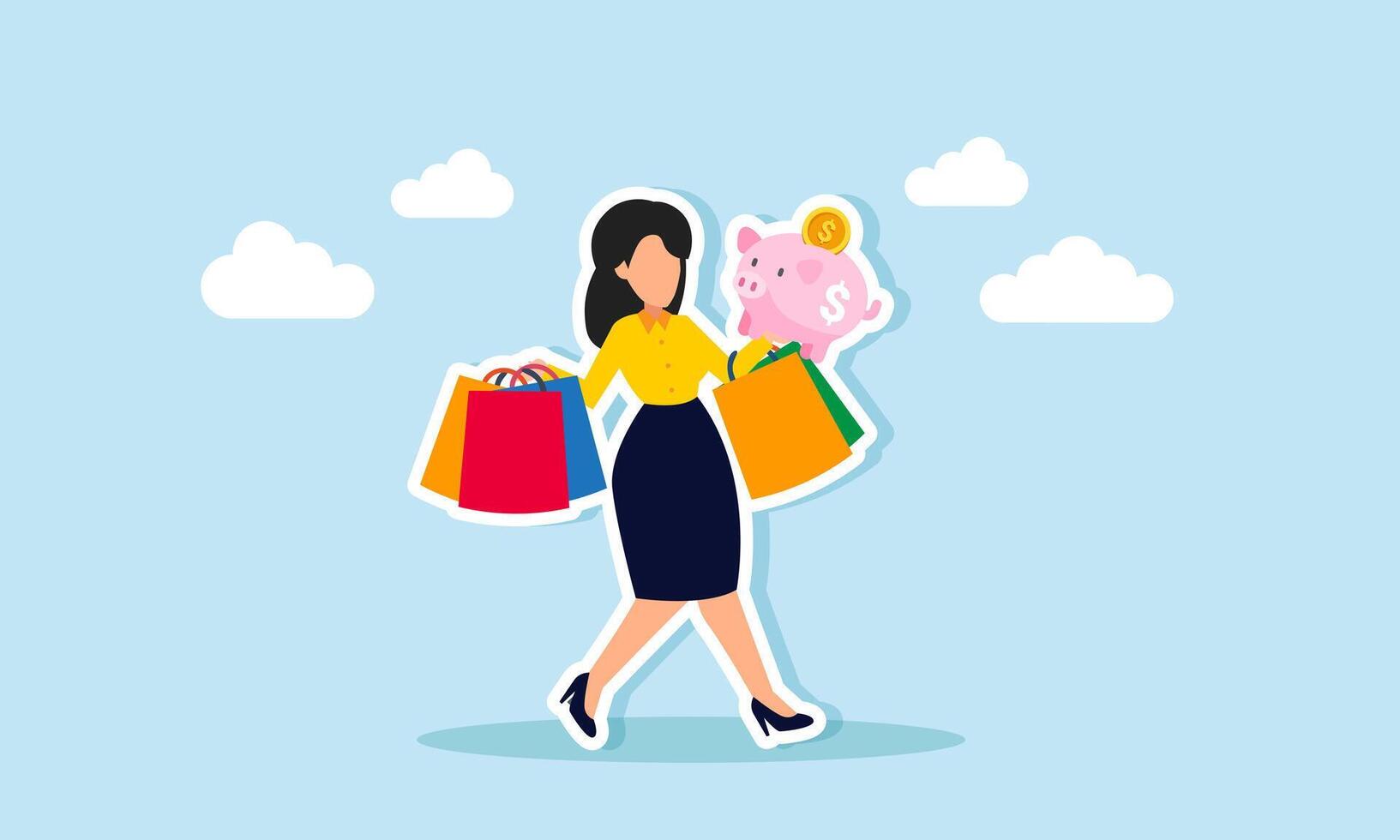 A happy businesswoman carrying a shopping bag and a piggy bank walking casually, an illustration of a hedonistic lifestyle or spending investment assets for personal needs. vector