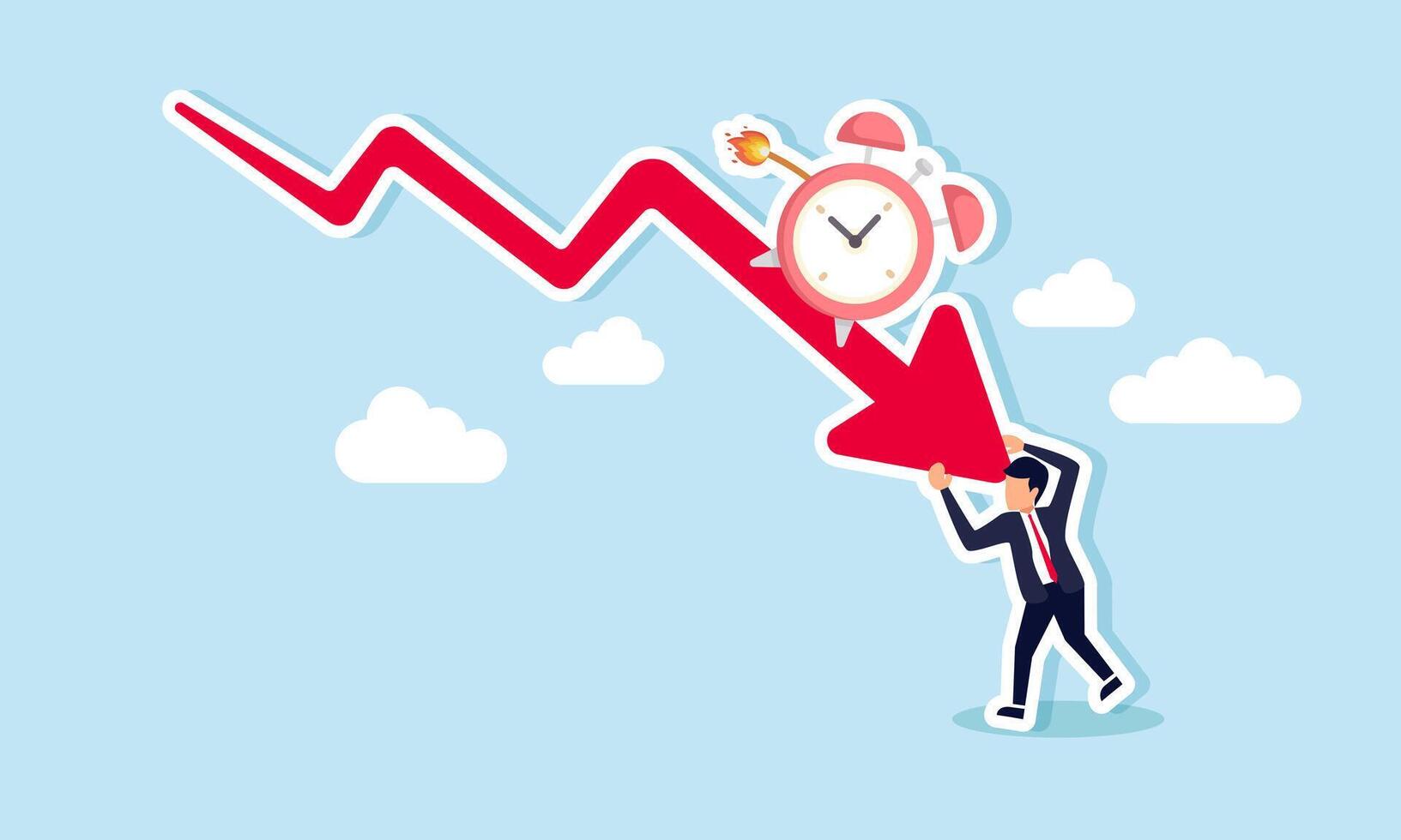 A businessman holding back a red arrow with a burning fuse alarm clock, illustrating work-hour saturation or efforts to improve and prevent declining work performance. vector