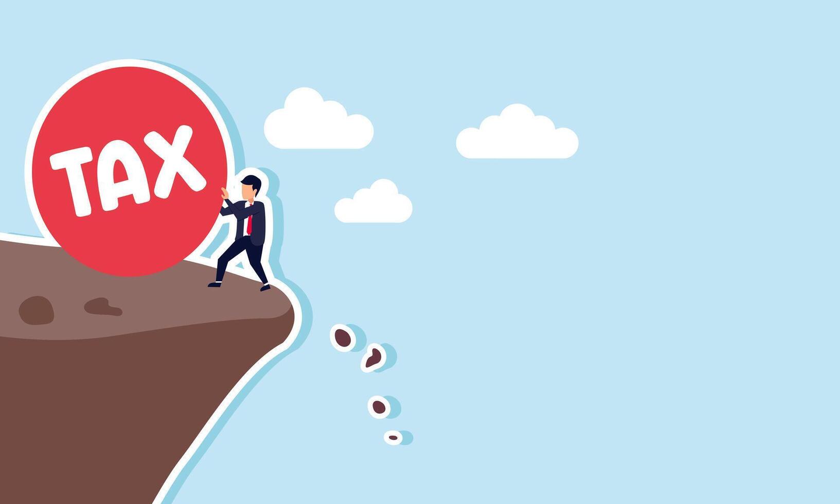A businessman holds a rolling TAX ball on the edge of a cliff, an illustration of the need to recalculate taxes imposed on the business. vector