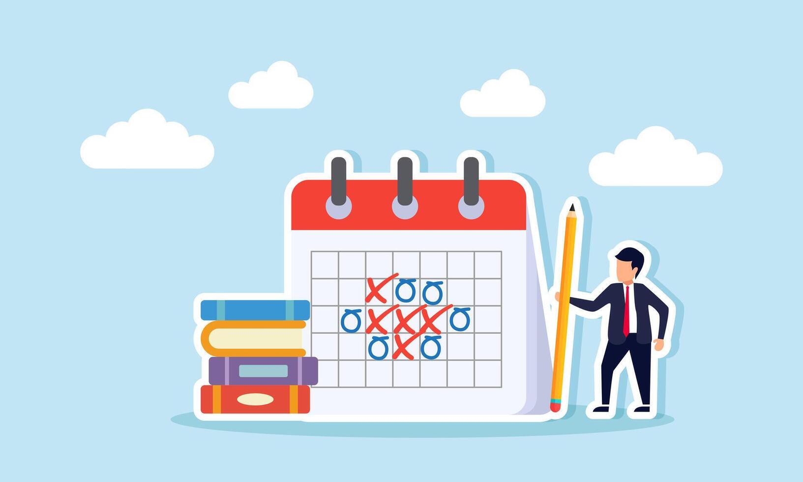 A businessman holding a pencil standing next to a calendar schedule and a stack of books, an illustration of scheduling to prepare a project report on time. vector