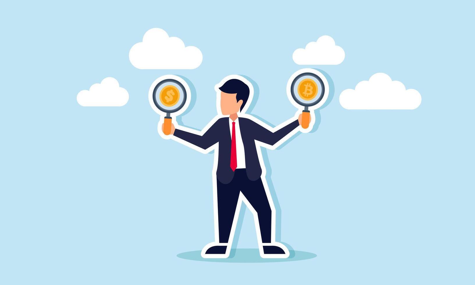 A businessman carrying two boards with dollar coins and bitcoin, an illustration of the decision a businessman must make between choosing dollar or bitcoin as currency. vector