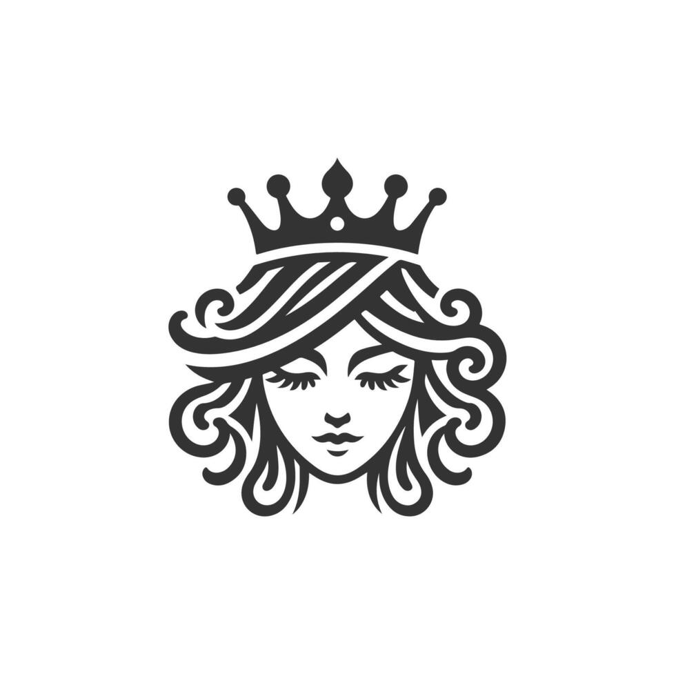 queen face with curly wavy hair wearing a crown vector