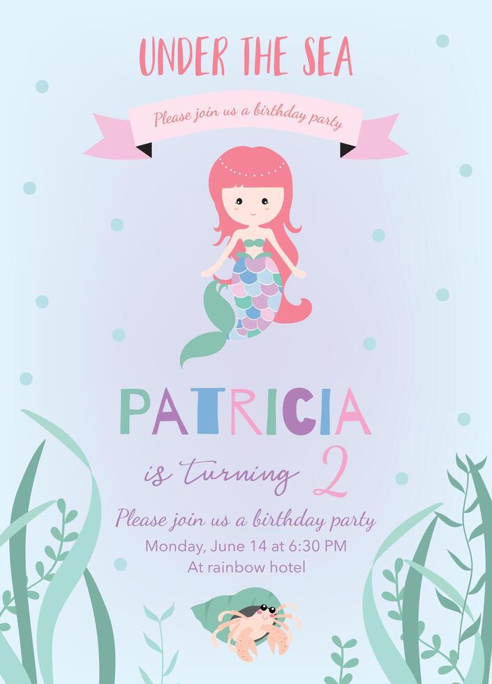 mermiad baby shower invitation card.vecteor illustration for vertical design vector