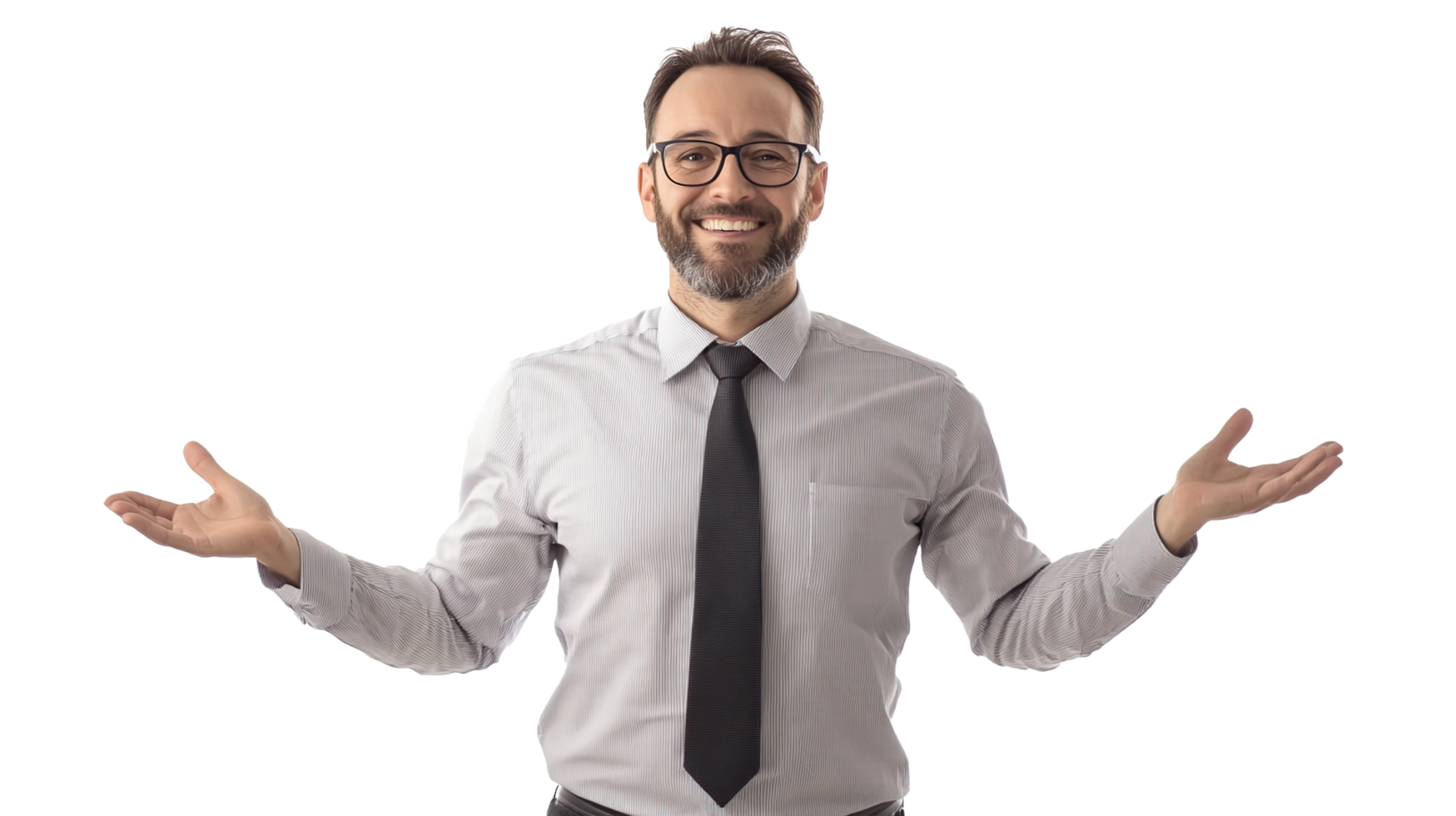 A man with glasses and a tie is standing with his arms out png