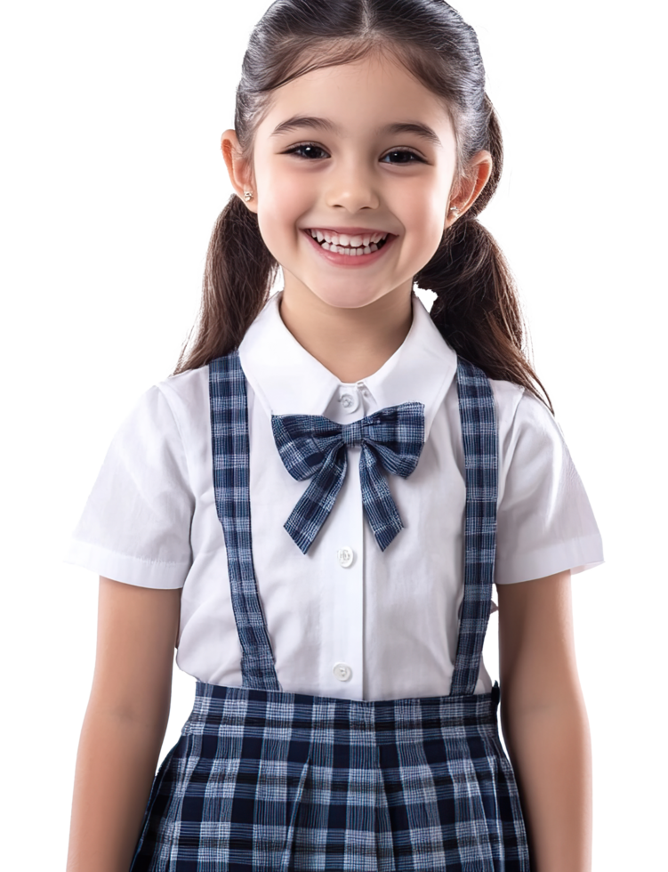 A little girl wearing a school uniform and a bow tie png