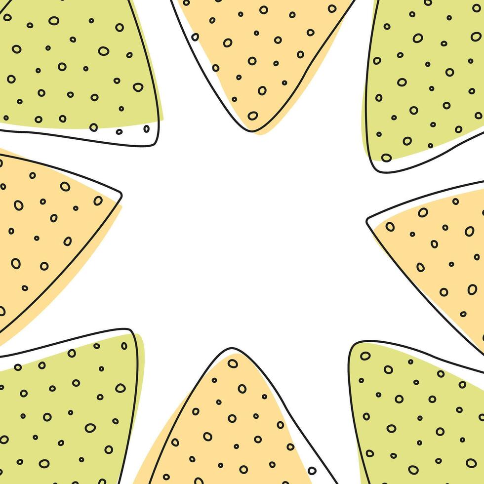 Outline Spinach and corn Mexican Nachos Square frame with spots in trendy soft green and yellow. Lettering Template. Isolated illustration Decorative background texture Cards, posters, leaflets vector