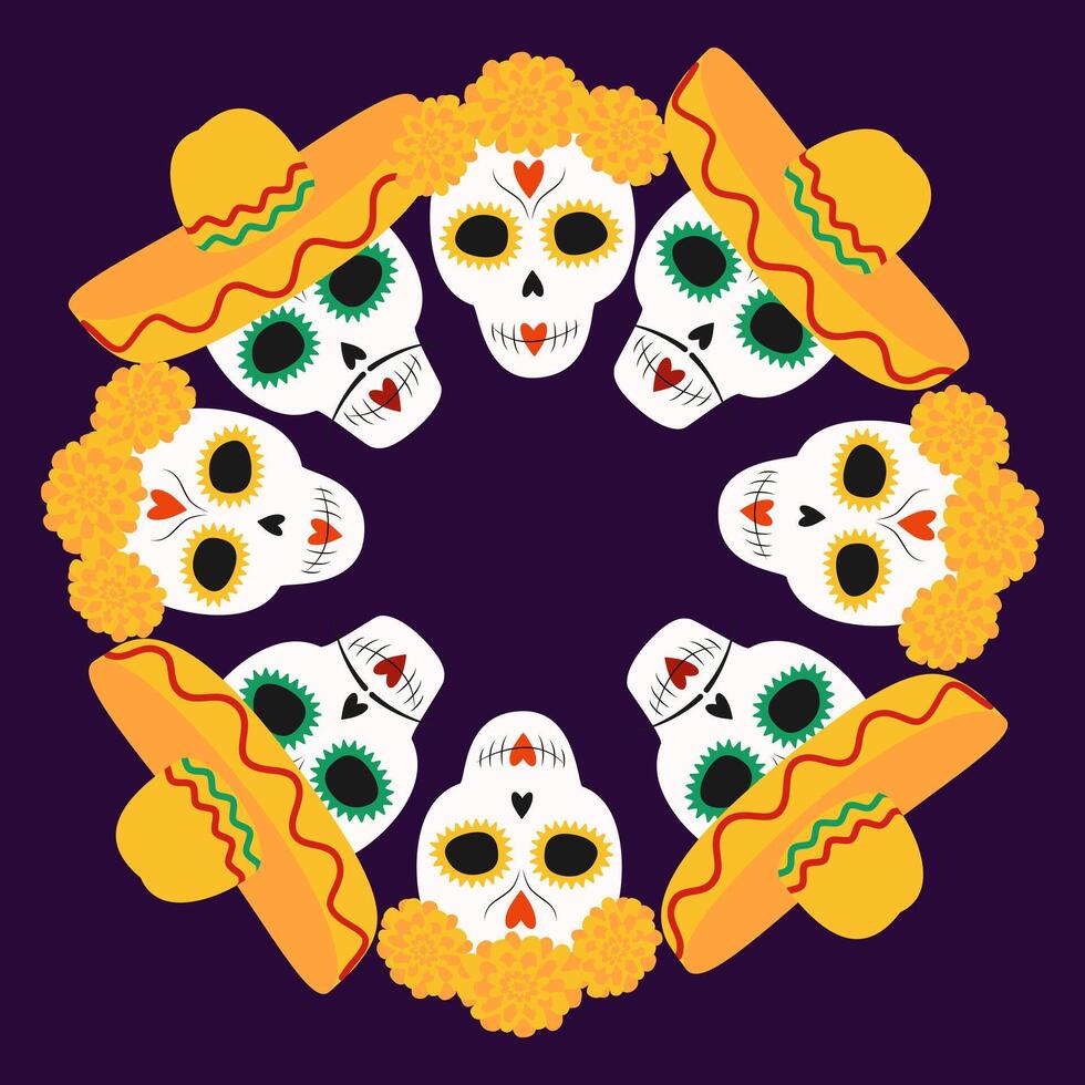 Painted Skulls in sombrero and flowers wreath Round frame on dark violet background. Copy space. Isolated illustration Cards, poster, leaflets, banner, brochures, greetings, price, label or web vector